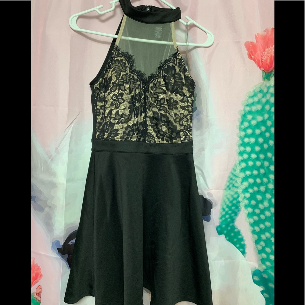 Black skater dress with lace top.